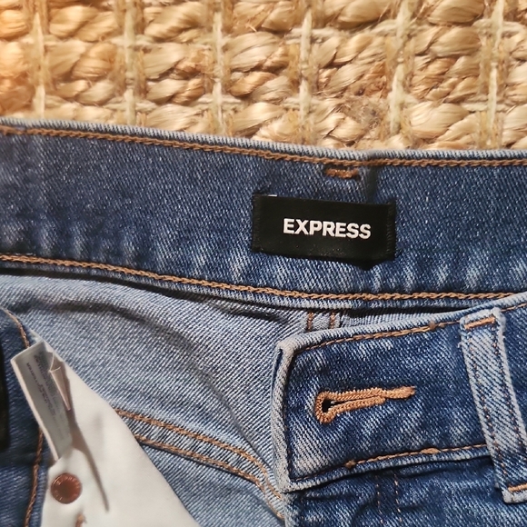 Express Blue Straight Leg Jeans with Distressed Knee - Picture 2 of 5